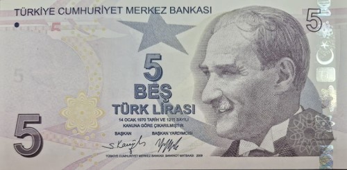 Turcja banknot 5 Lira 2009 awers