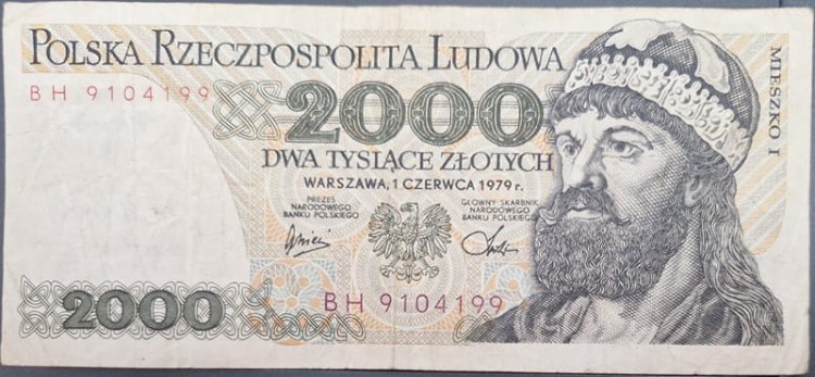 Banknot 2000 zł 1979 seria dwuliterowa Mieszko I stan 3  awers