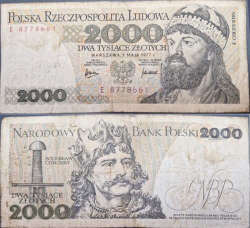 Banknot 2000 zł Mieszko I 1977 stan 3