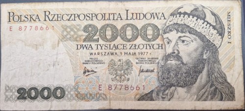 Banknot 2000 zł Mieszko I 1977 stan 3 awers