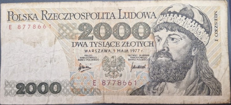Banknot 2000 zł Mieszko I 1977 stan 3 awers
