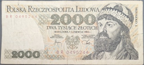 Banknot 2000 zł Mieszko I 1982 stan 3 awers