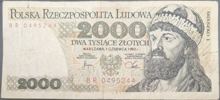 Banknot 2000 zł Mieszko I 1982 stan 3 awers
