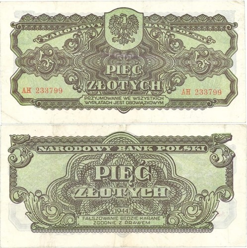 Banknot 5 zł 1944 seria lubelska -owym