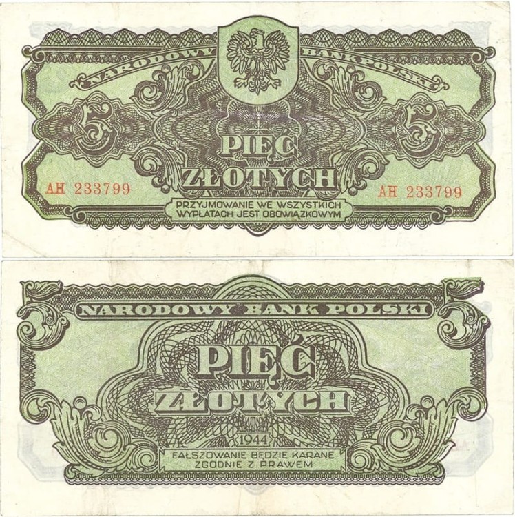 Banknot 5 zł 1944 seria lubelska -owym
