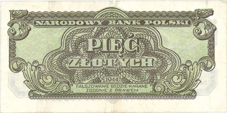 Banknot 5 zł 1944 seria lubelska -owym rewers