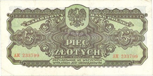 Banknot 5 zł 1944 seria lubelska -owym awers