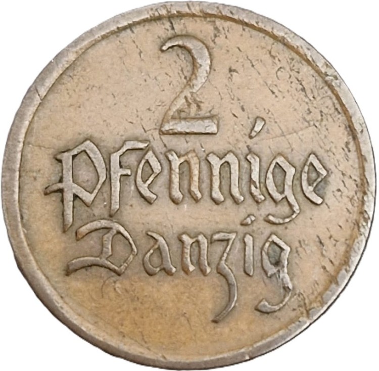 Moneta 2 fenigi Wolne Miasto Gdańsk 1923 rewers