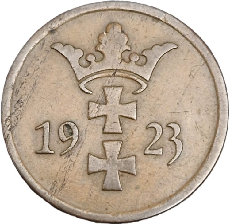 Moneta 2 fenigi Wolne Miasto Gdańsk 1923 awers