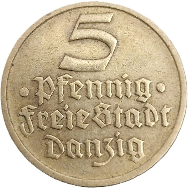 Moneta 5 fenigów-Wolne Miasto Gdańsk Flądra 1932 awers