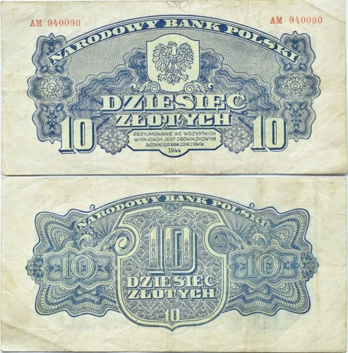 Banknot 10 zł 1944 seria lubelska "-owym"
