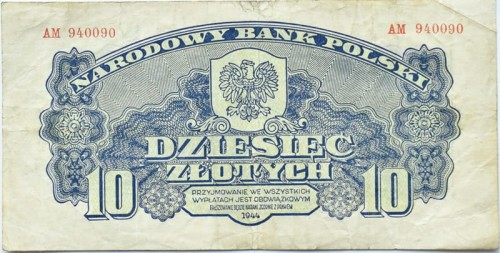 Banknot 10 zł 1944 seria lubelska "-owym" awers