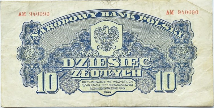 Banknot 10 zł 1944 seria lubelska "-owym" awers