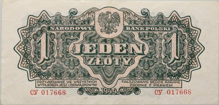 Banknot 1 złoty 1944 seria lubelska rewers