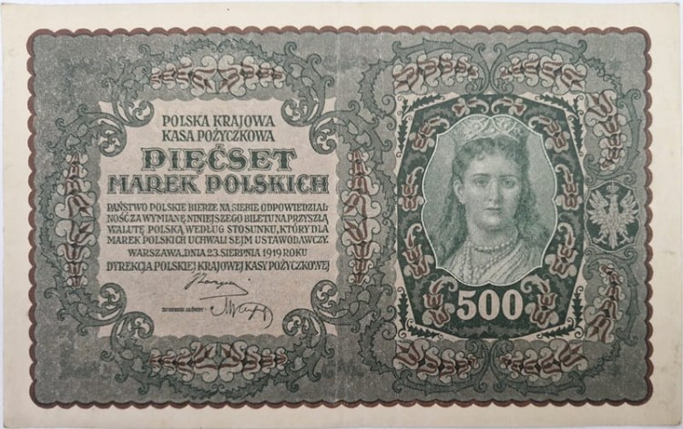 Banknot 500 marek 1919 stan 3 awers