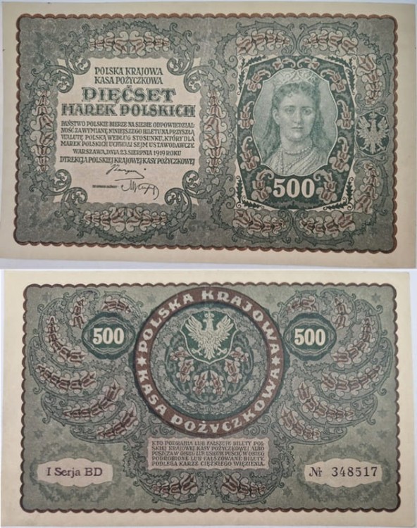 Banknot 500 marek 1919 stan 2
