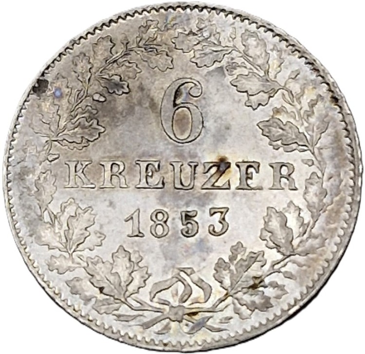 Moneta 6 krajcarów 1853 Frankfurt srebro rewers