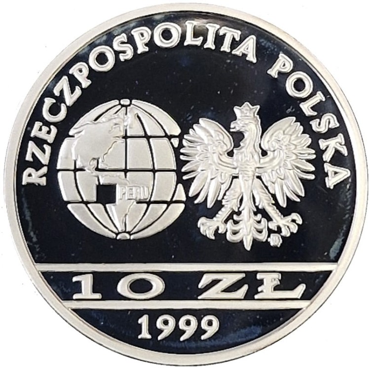 Srebrna moneta kolekcjonerska 10 zł Ernest Malinowski 1999 rewers