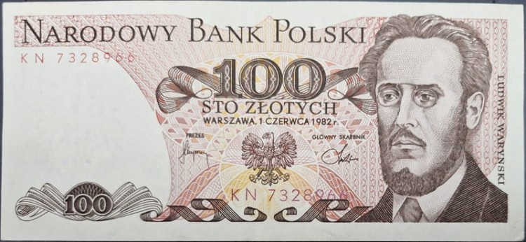 Banknot PRL 100 zł 1982 Ludwik Waryński awers