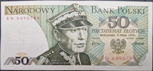 Banknot PRL 50 zł 1975 Karol Świerczewski awers