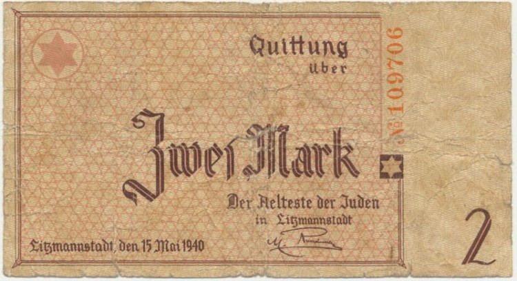 Banknot 2 marka 1940 Getto w Łodzi rewers