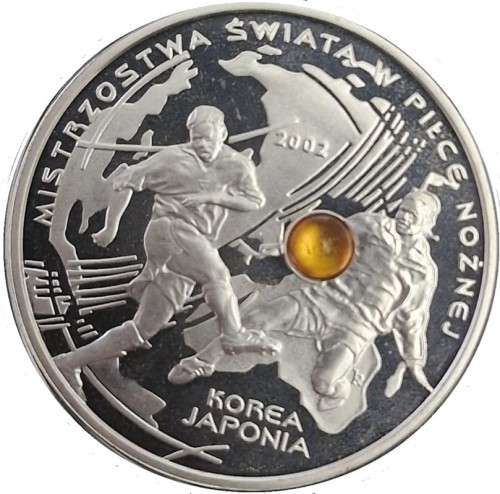 Moneta 10 zł MŚ w Piłce Nożnej Korea-Japonia bursztyn 2002 rewers
