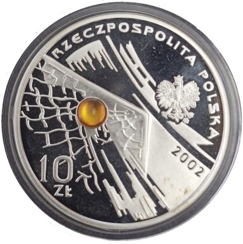 Moneta 10 zł MŚ w Piłce Nożnej Korea-Japonia bursztyn 2002 awers