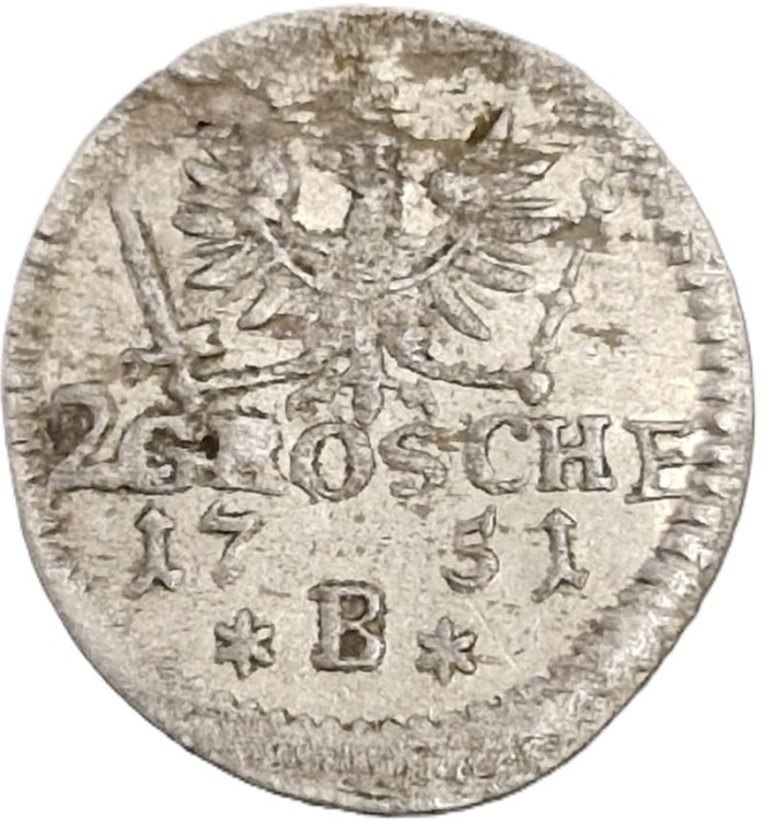 Moneta 2 greszle 1751 Wrocław Fryderyk II Wielki awers