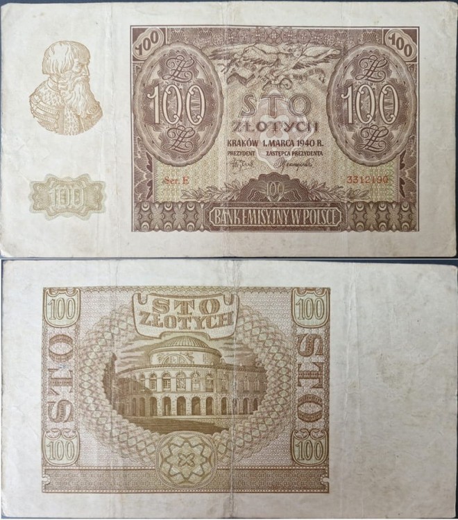 Banknot 100 zł 1940 stan 3