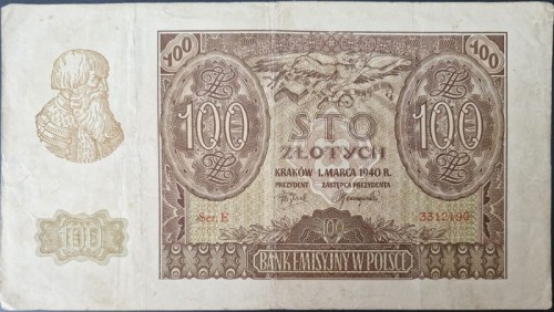 Banknot 100 zł 1940 stan 3 awers
