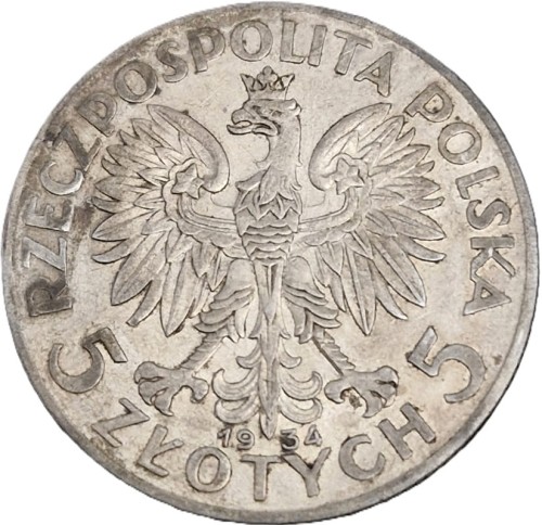5 złotych 1934 Polonia Głowa Kobiety awers stan 2