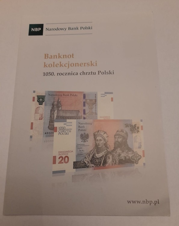 Folder banknot 1050 rocznica Chrztu Polski