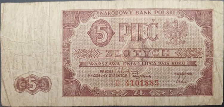 Banknot 5 złotych 1948 stan 3 awers