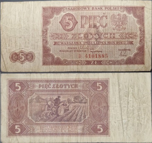 Banknot 5 złotych 1948 stan 3