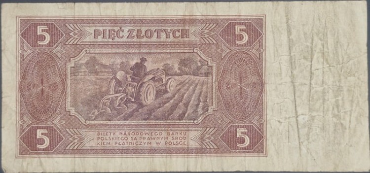 Banknot 5 złotych 1948 stan 3 rewers