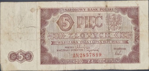 Banknot 5 złotych 1948 dwuliterowy awers