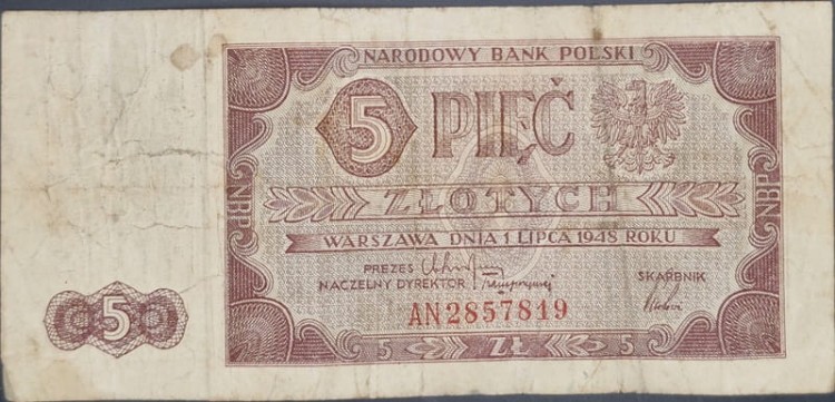 Banknot 5 złotych 1948 dwuliterowy awers