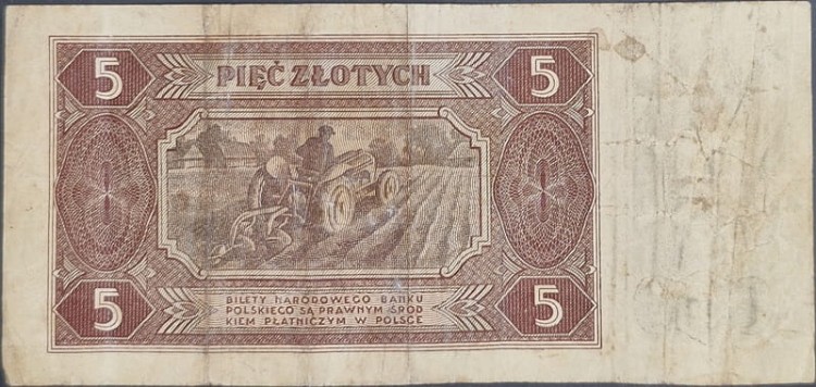 Banknot 5 złotych 1948 dwuliterowy rewers