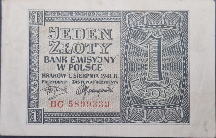 Banknot 1 złoty 1941 awers