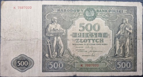 Banknot 500 złotych 1946 stan 4 awers
