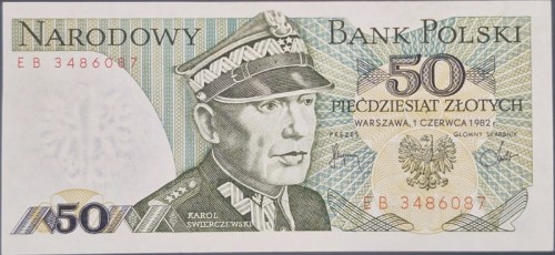 Banknot PRL 50 zł 1982 Karol Świerczewski awers