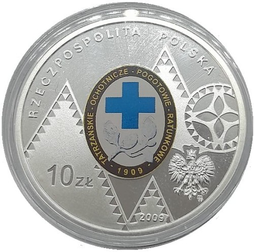 Moneta 10 zł 100. rocz. TOPR 2009 r. awers