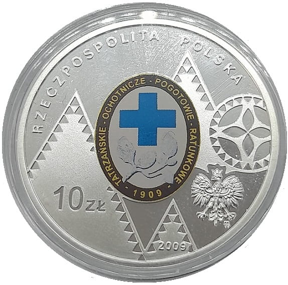 Moneta 10 zł 100. rocz. TOPR 2009 r. awers