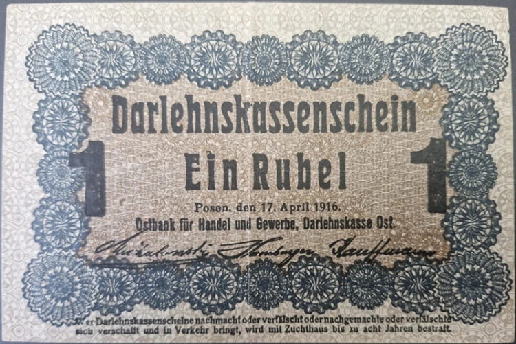 Banknot 1 rubel 1916 Okupacja Poznań awers