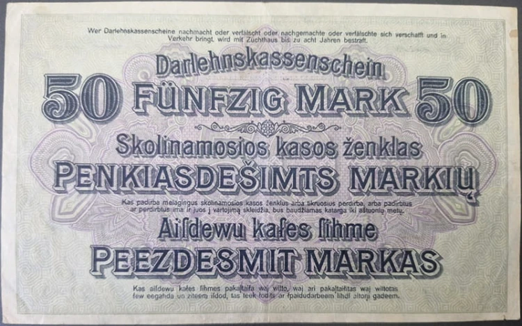 Banknot 50 marek 1918 Okupacja  Kowno rewers