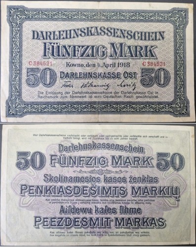 Banknot 50 marek 1918 Okupacja terenów wschodnich Kowno
