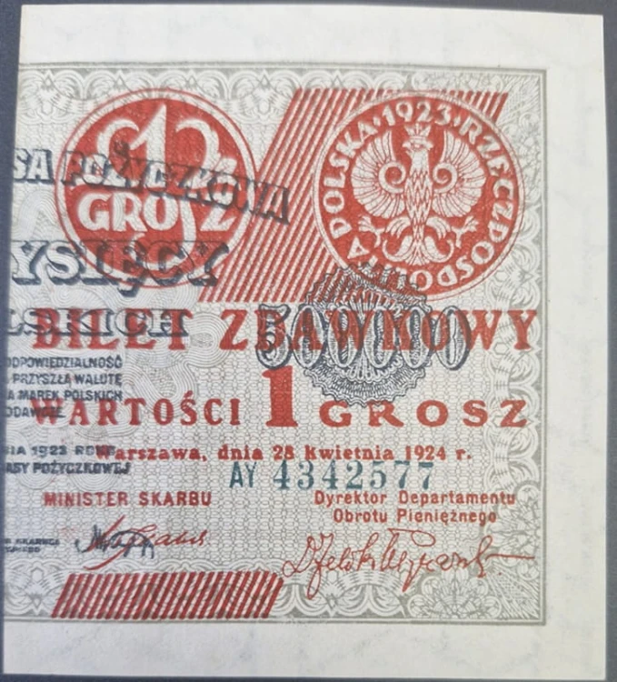 Banknot 1 grosz 1924 prawa 3 mm awers