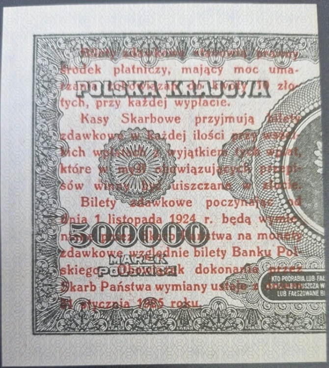 Banknot 1 grosz 1924 prawa 3 mm rewers