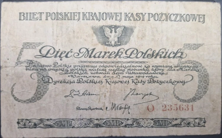 Banknot 5 marek polskich V 1919 awers