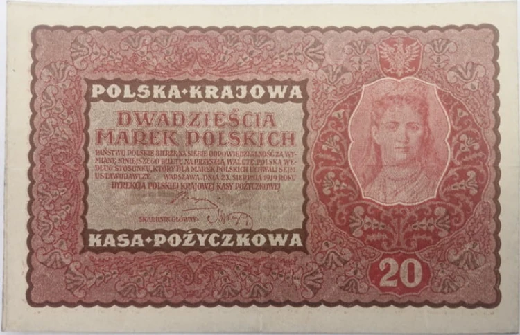 Banknot 20 marek 1919 rewers stan 3